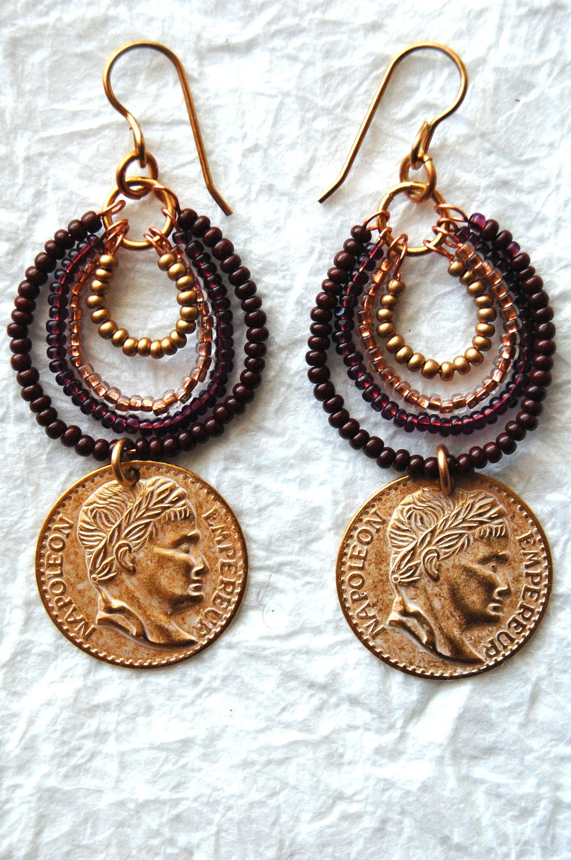 Burgundy Gold Brown Seed Bead & Gold Whitewash Coin Greek Inspired Dangle Earrings, E04178  The Vineyard