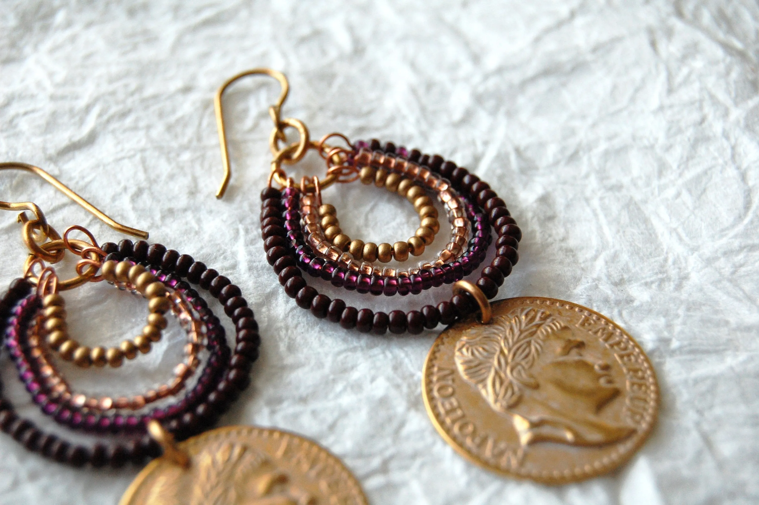 Burgundy Gold Brown Seed Bead & Gold Whitewash Coin Greek Inspired Dangle Earrings, E04178  The Vineyard