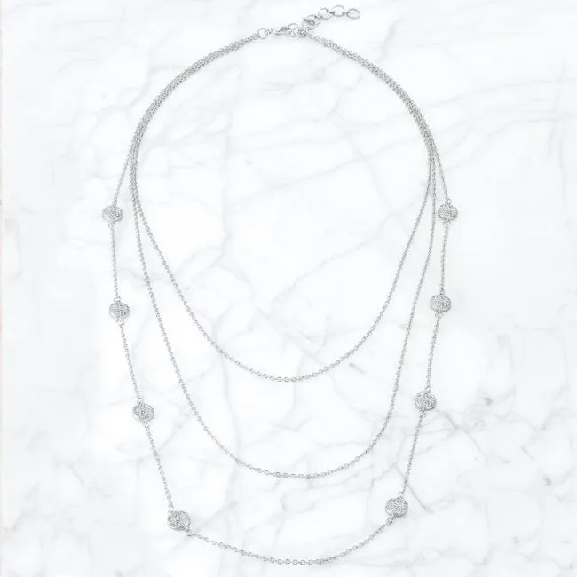 Carol 1.28ct CZ Rhodium Pave Disc Layered Station Necklace