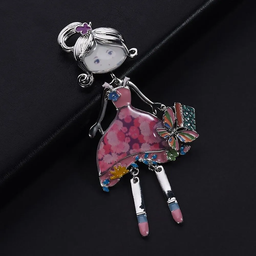 Charming Doll with Purse Enamel Brooch Pin