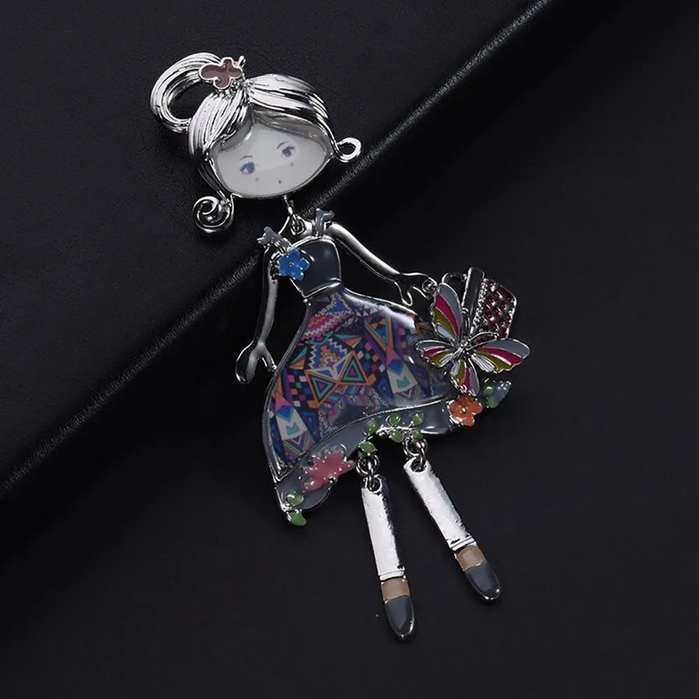 Charming Doll with Purse Enamel Brooch Pin
