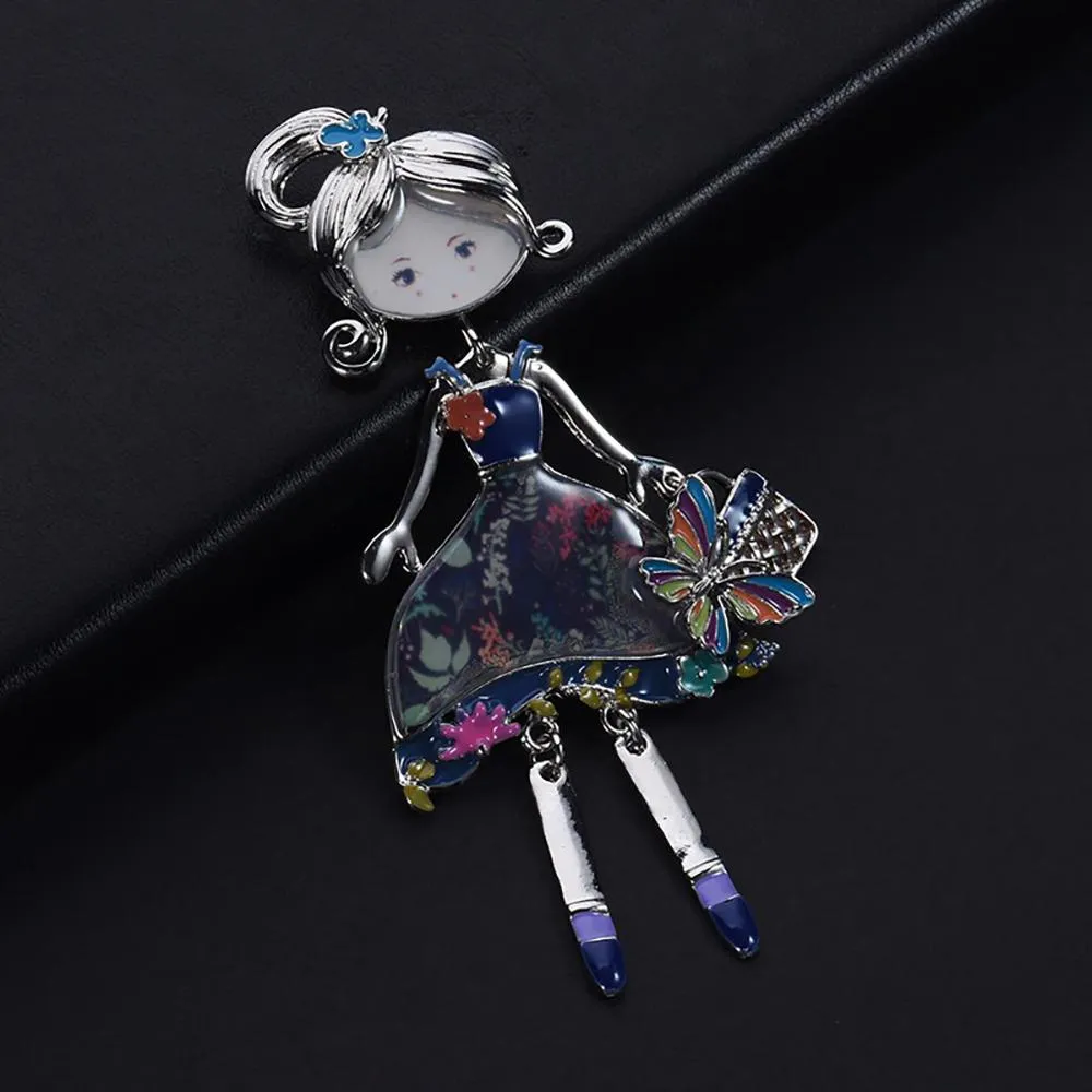 Charming Doll with Purse Enamel Brooch Pin