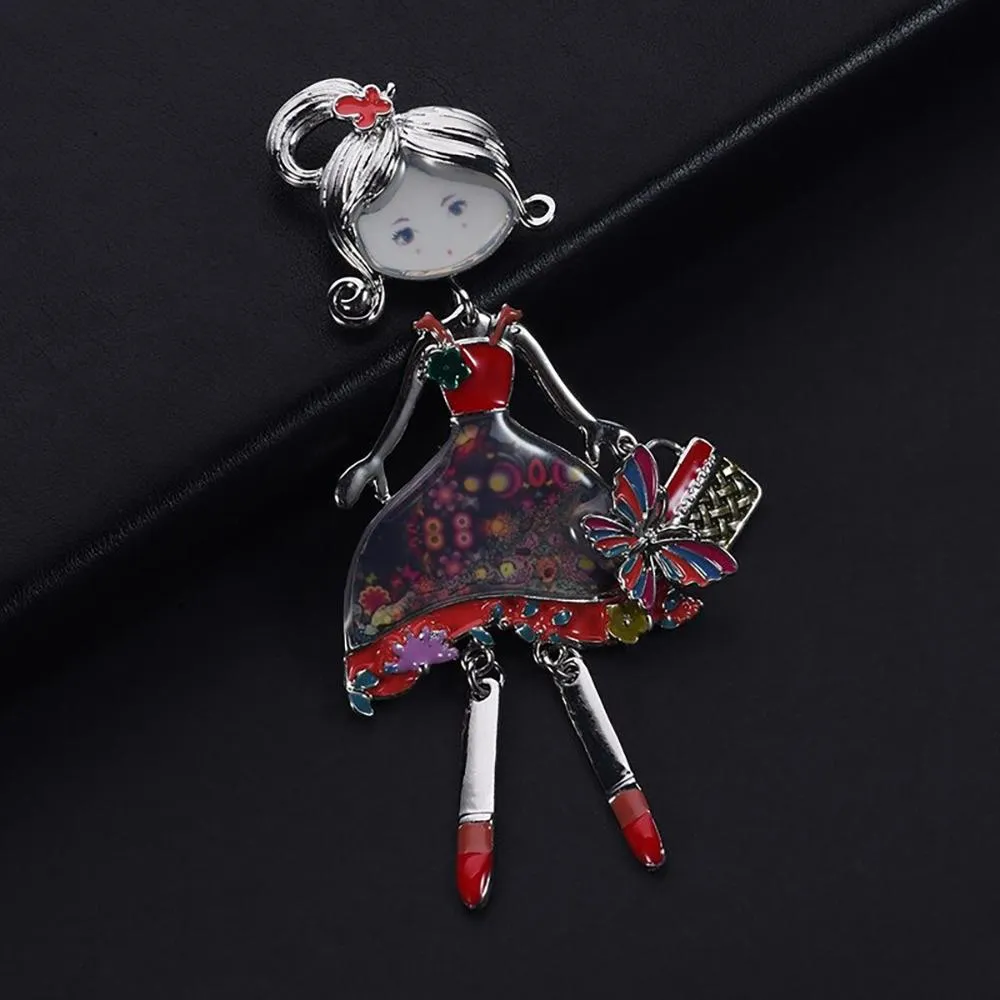 Charming Doll with Purse Enamel Brooch Pin