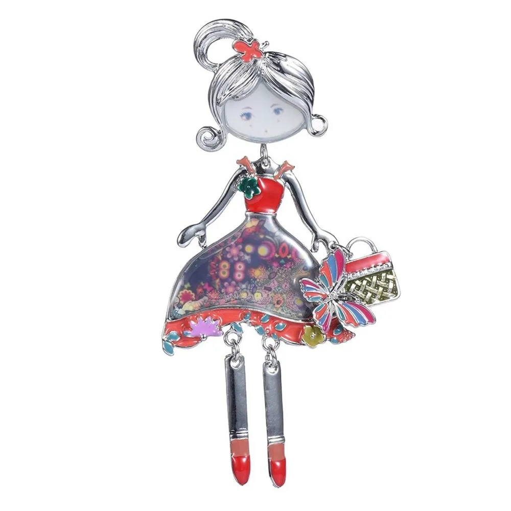 Charming Doll with Purse Enamel Brooch Pin
