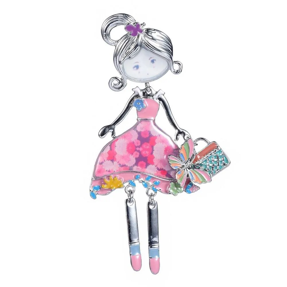 Charming Doll with Purse Enamel Brooch Pin