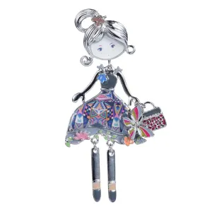 Charming Doll with Purse Enamel Brooch Pin