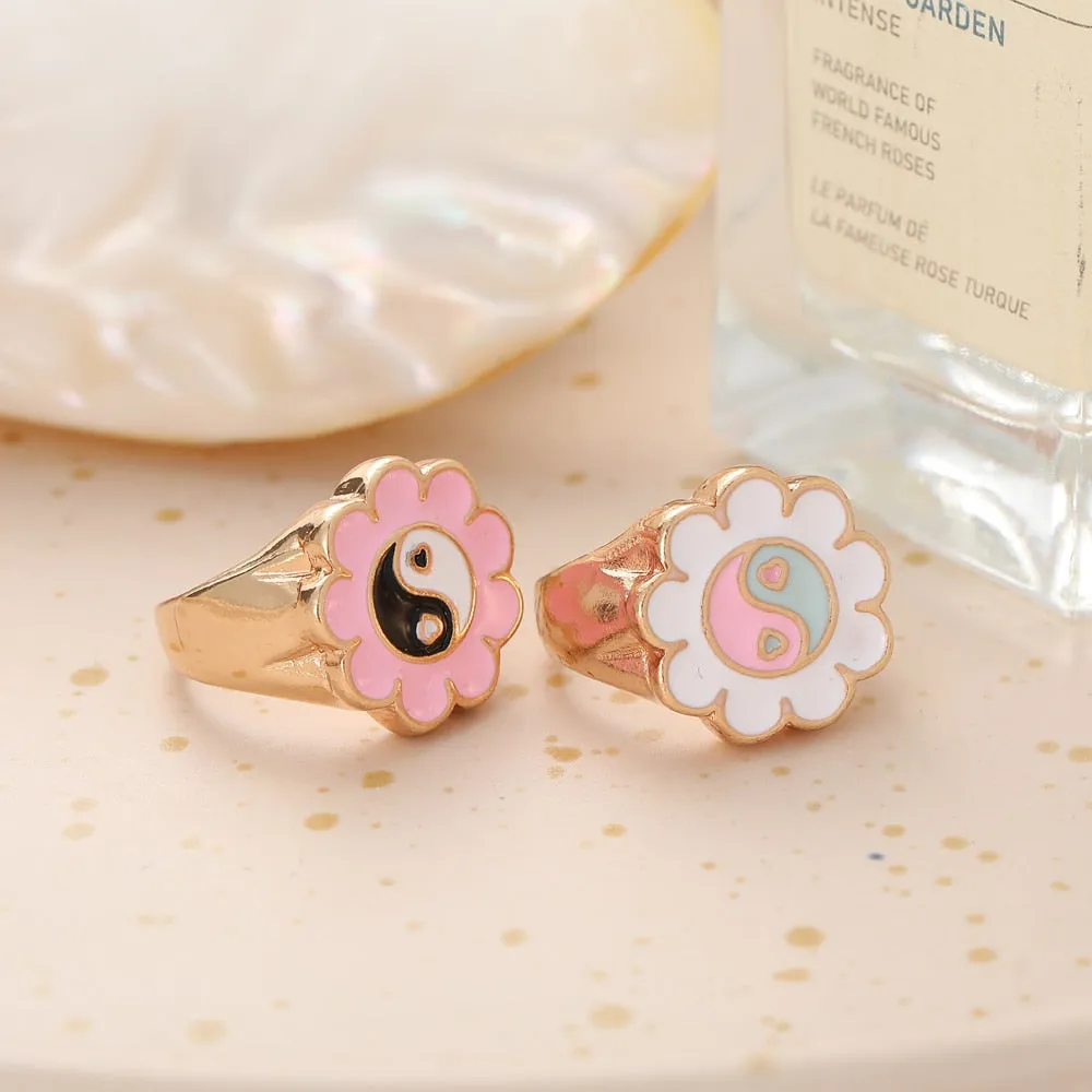 Chunky Colorful Love Heart Yin Yang Rings