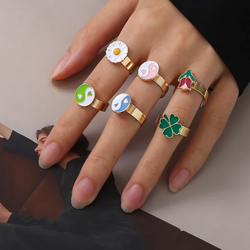 Chunky Colorful Love Heart Yin Yang Rings