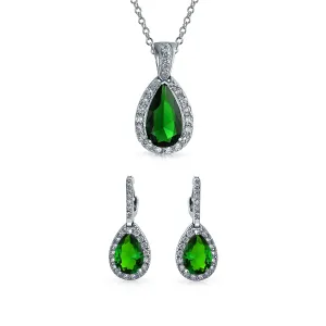 Classic Bridal Pear Shape Teardrop Halo CZ Blue Sapphire Jewelry Set Silver