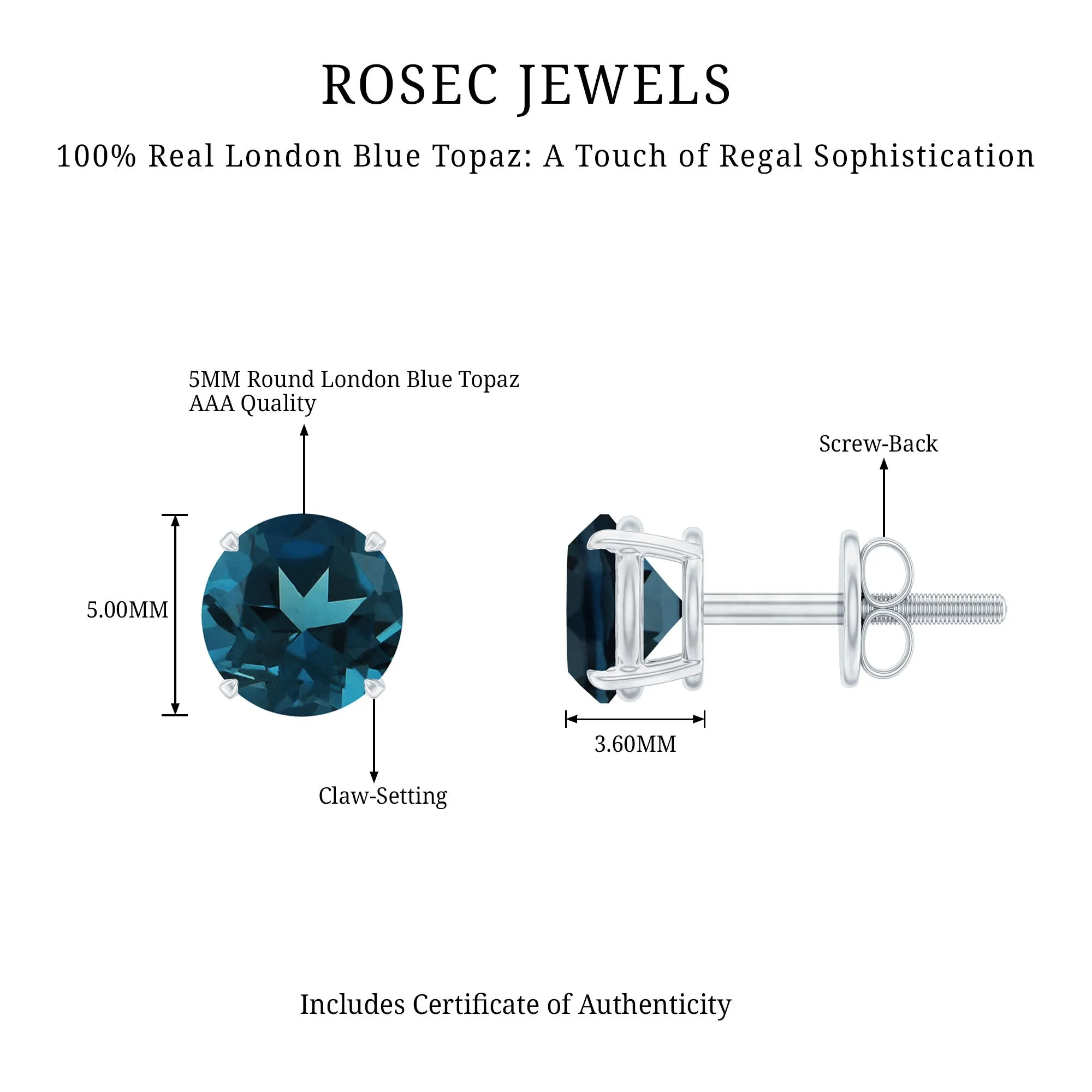 Classic London Blue Topaz Solitaire Stud Earrings