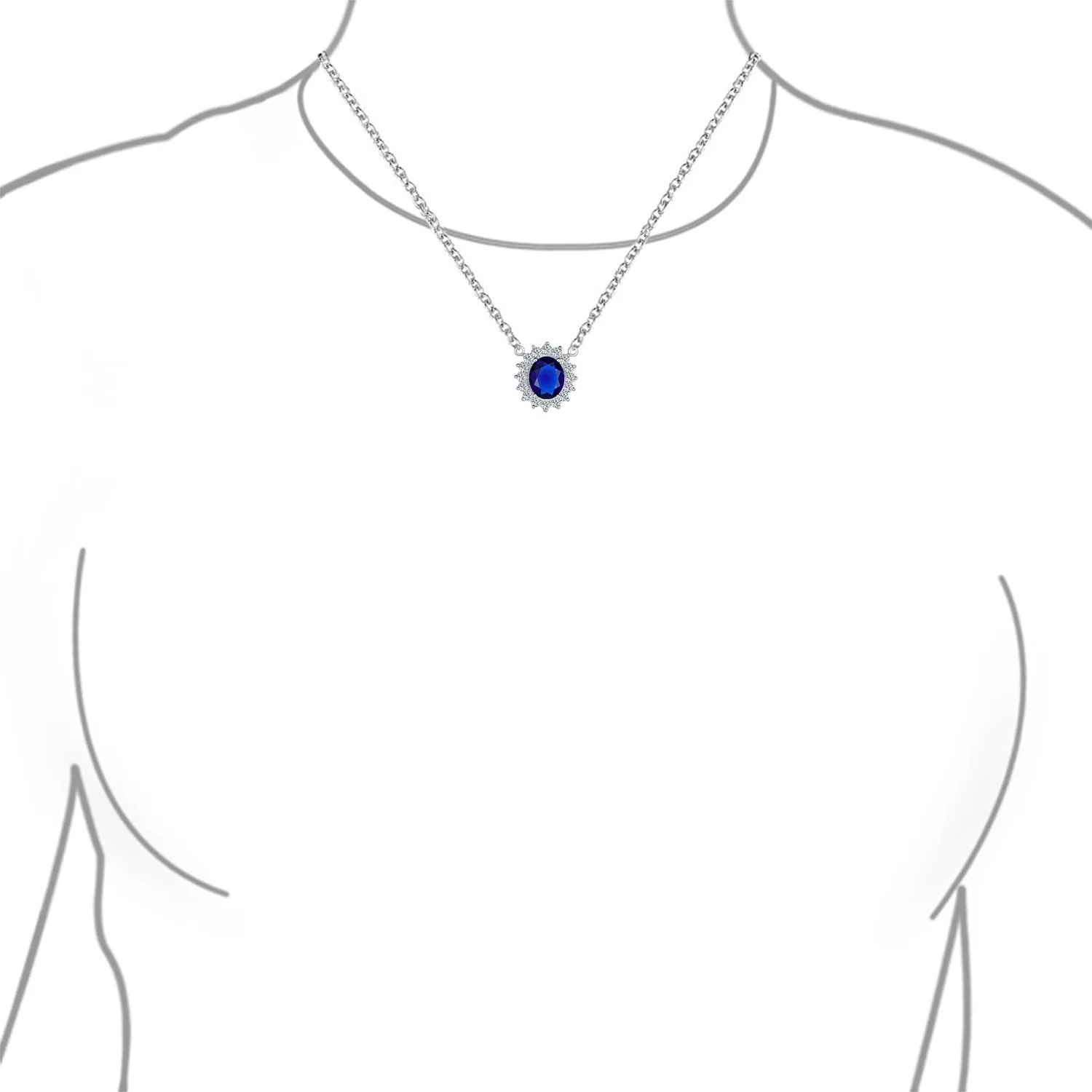 Classic Vintage Style Pendant Necklace with Navy Blue CZ and Silver Plated Brass