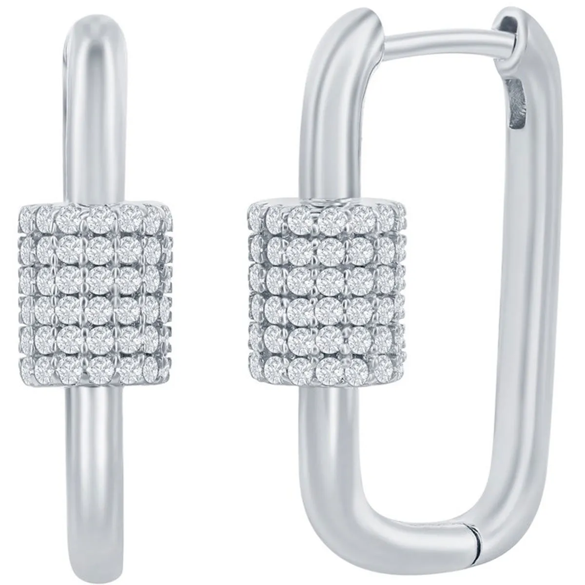 Classic Women's Earrings - Silver Micro Pave CZ Oval Carabiner Paperclip | D-7974
