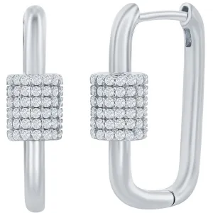 Classic Women's Earrings - Silver Micro Pave CZ Oval Carabiner Paperclip | D-7974