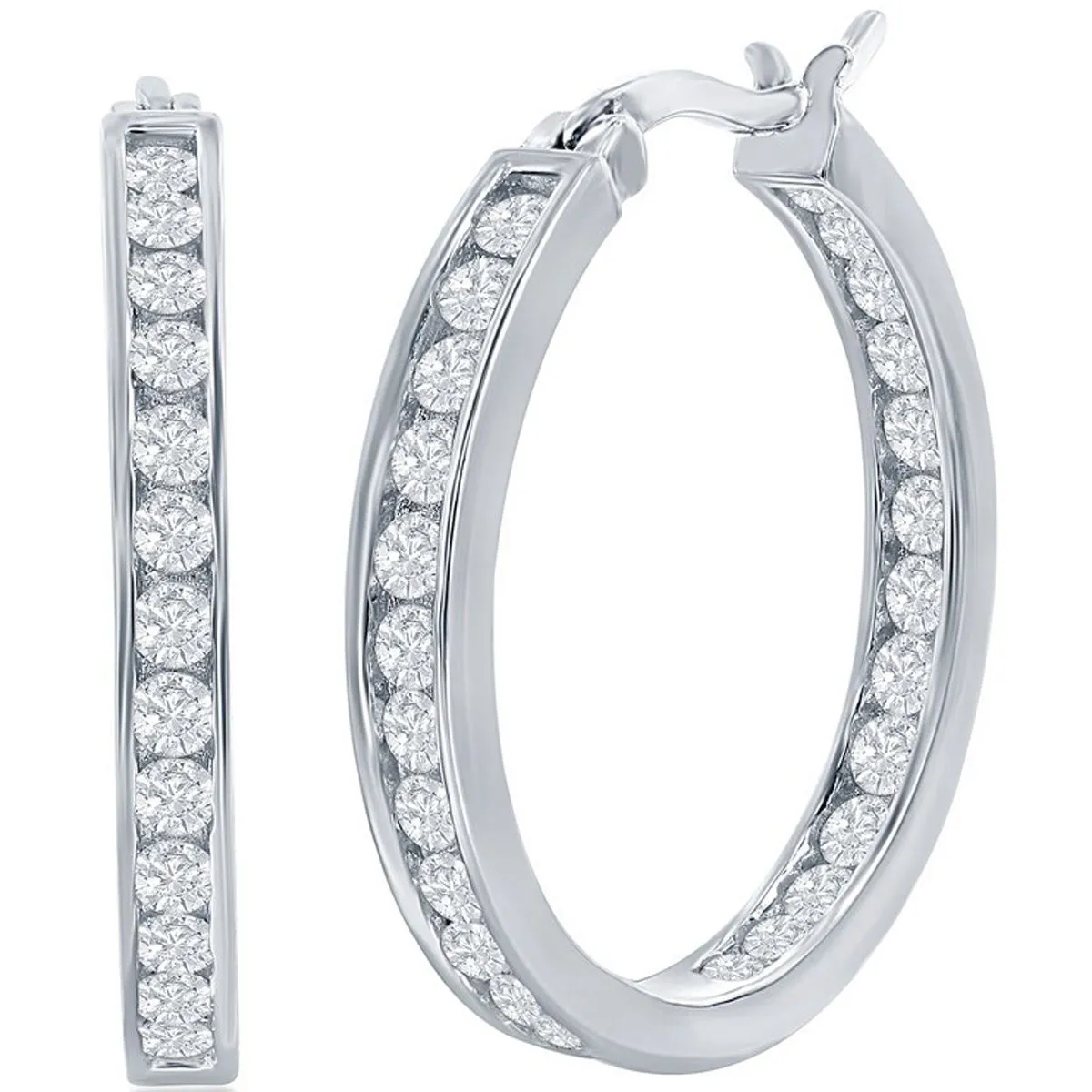Classic Women's Earrings - Sterling Silver 25mm Inside Outside Channel CZ | D-3492