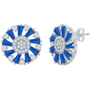 Classic Women's Earrings - Sterling Silver Blue Spinel Baguette CZ Circle | D-8143
