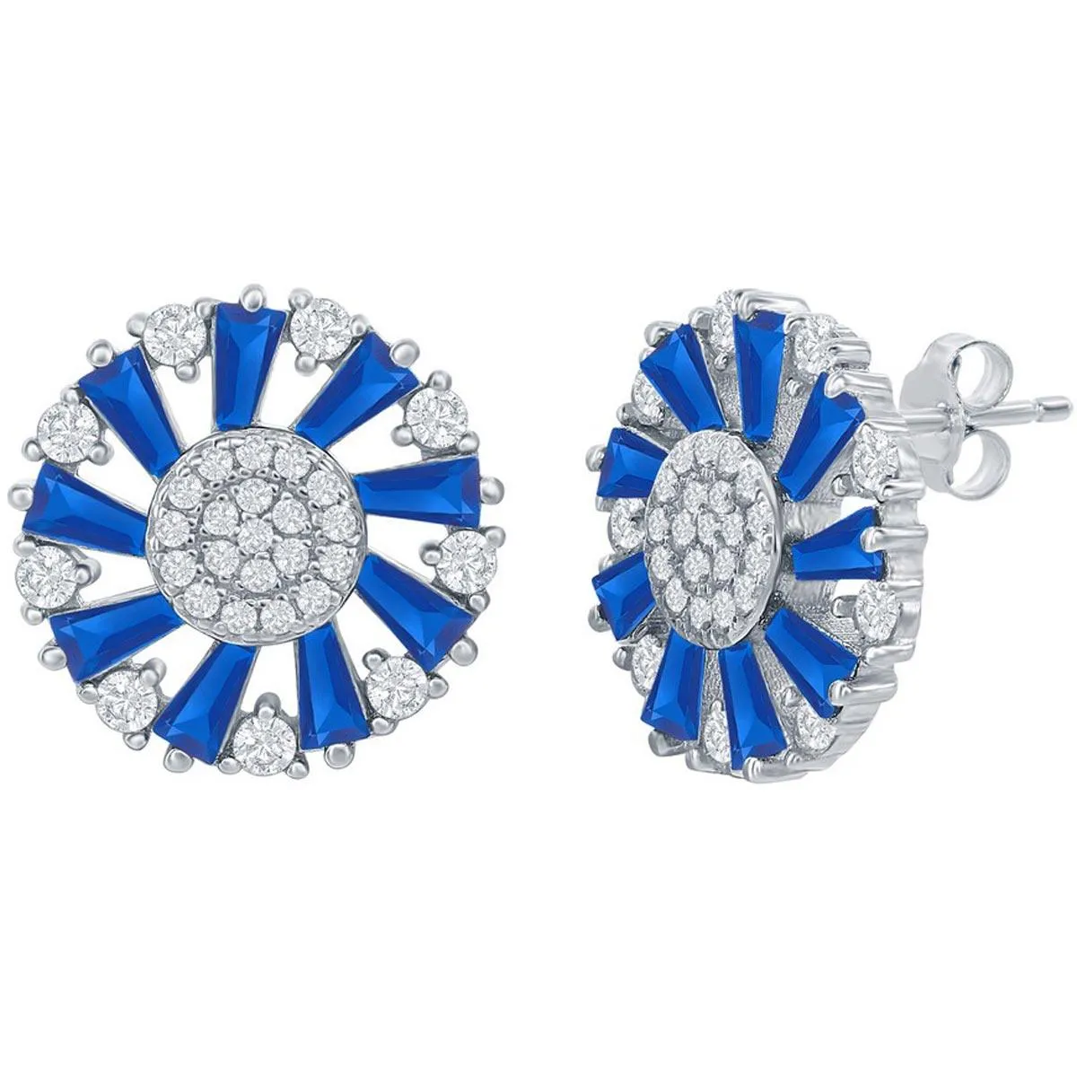 Classic Women's Earrings - Sterling Silver Blue Spinel Baguette CZ Circle | D-8143