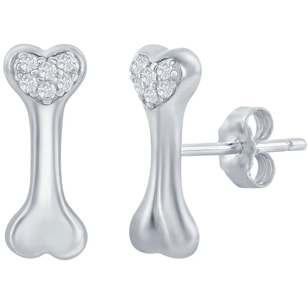 Classic Women's Earrings - Sterling Silver Dog Bone White CZ Stud Post Back | D-7927