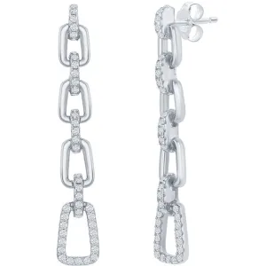 Classic Women's Earrings - Sterling Silver Paperclip Design White CZ Long | D-7910