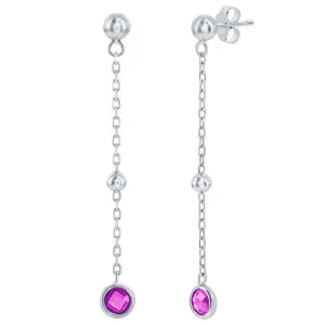 Classic Women's Earrings - Sterling Silver Ruby Bezel-Set CZ and Bead Chain | D-8377