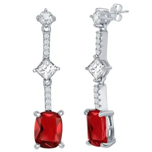 Classic Women's Earrings - Sterling Silver White and Ruby Cushion-Cut CZ | D-7840
