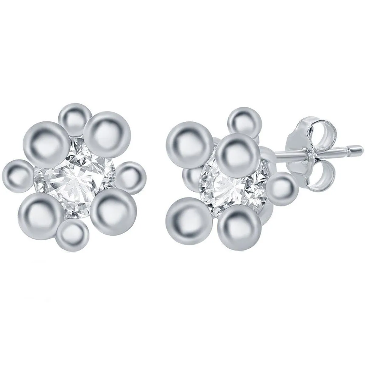 Classic Women's Earrings - White CZ Stone Multi Bead Stud Post Back Closure | D-7773