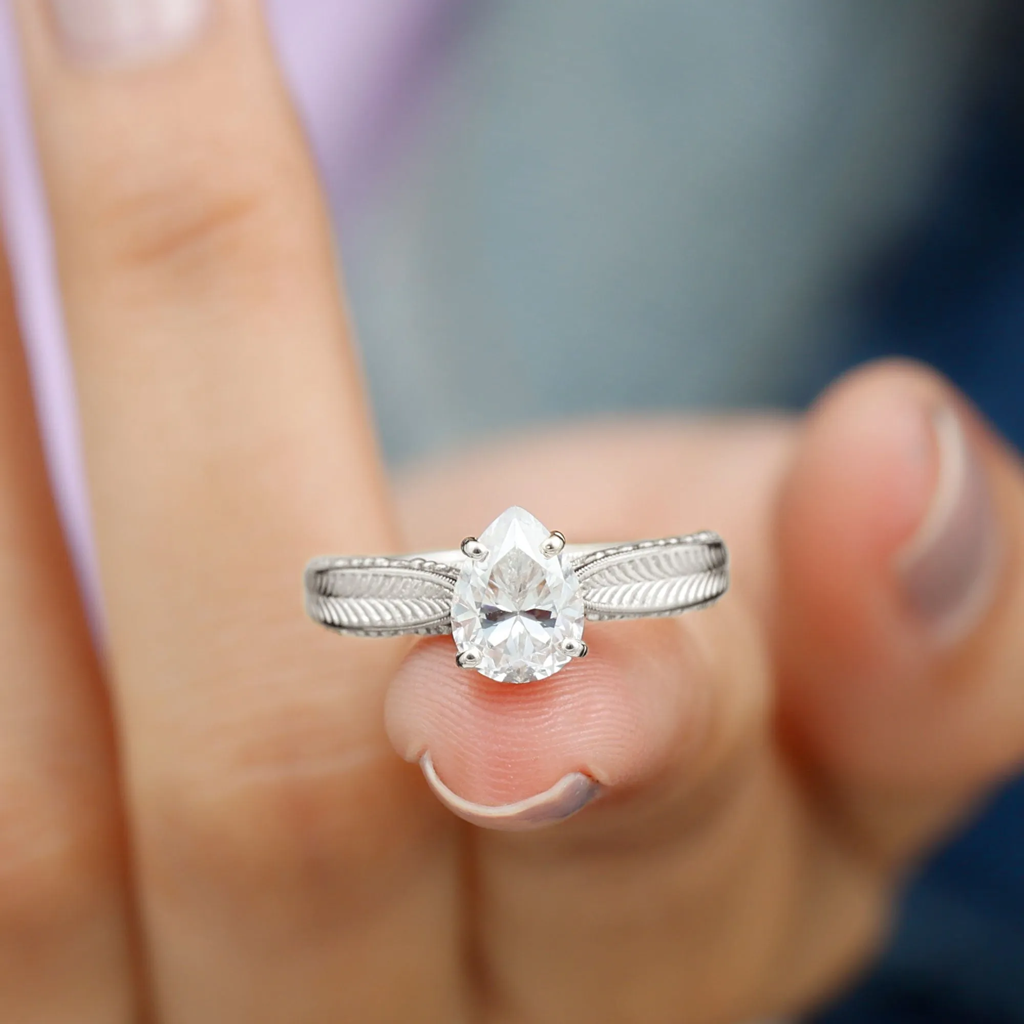 Claw Set Pear Shape Moissanite Solitaire Engagement Ring