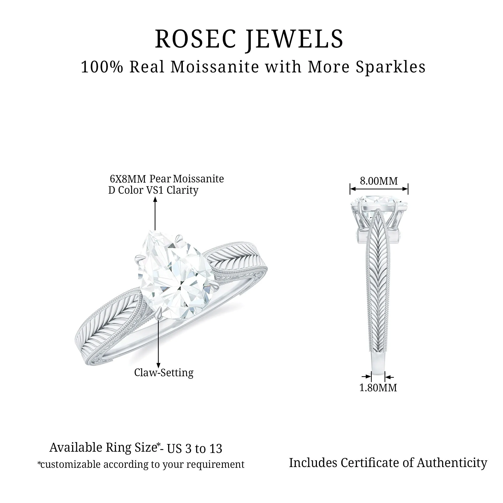 Claw Set Pear Shape Moissanite Solitaire Engagement Ring