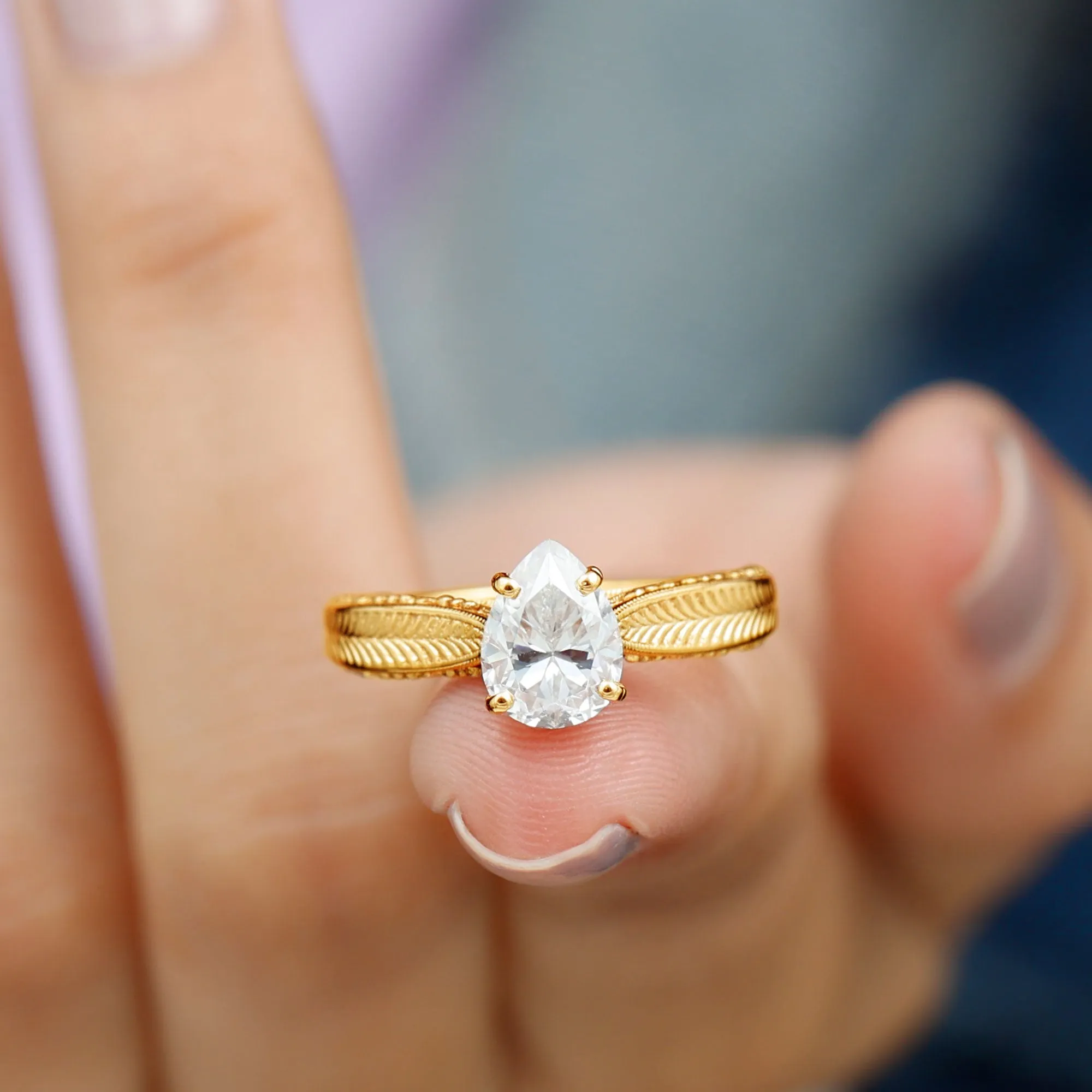 Claw Set Pear Shape Moissanite Solitaire Engagement Ring
