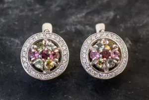 Colorful Flower Earrings - Tourmaline Earrings - Vintage Cluster Earrings
