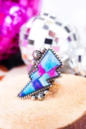 Colorful Lightning Bolt Silvertone Ring