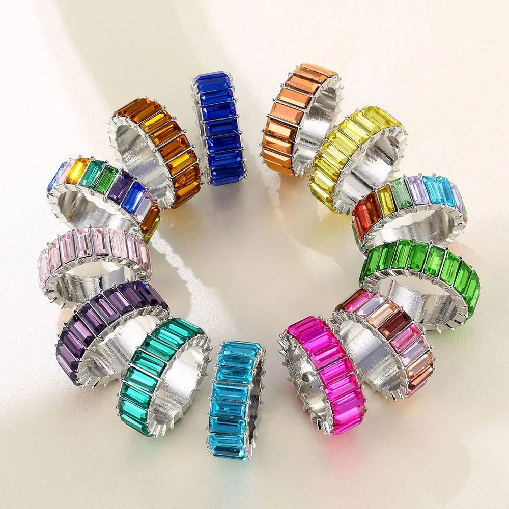 Colorful Rainbow Zircon Wide Rings