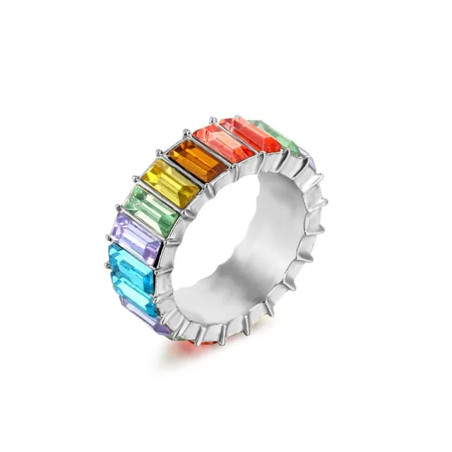 Colorful Rainbow Zircon Wide Rings