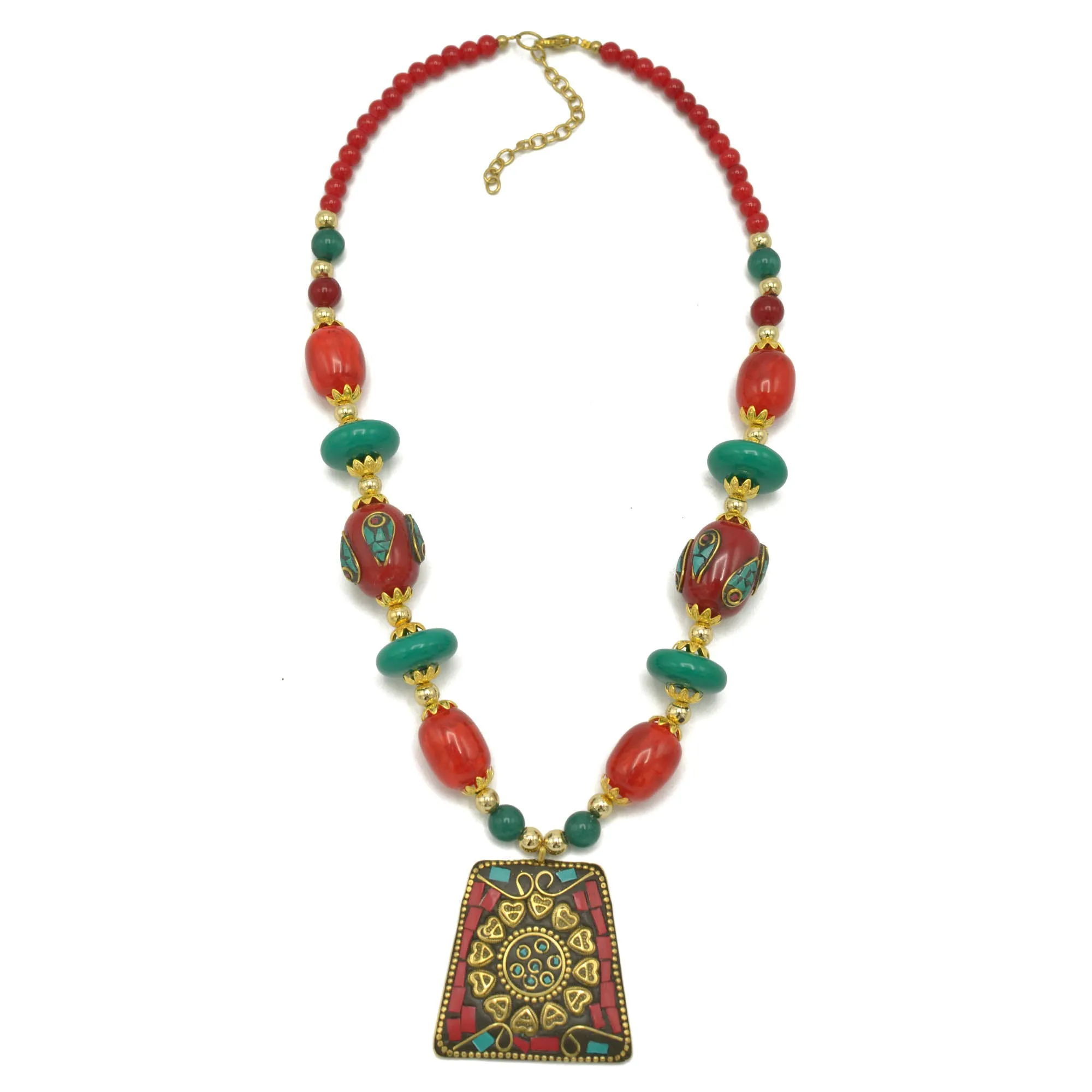 Coral and turquoise resin beads with gold pendant necklace #FWNK-2206-015