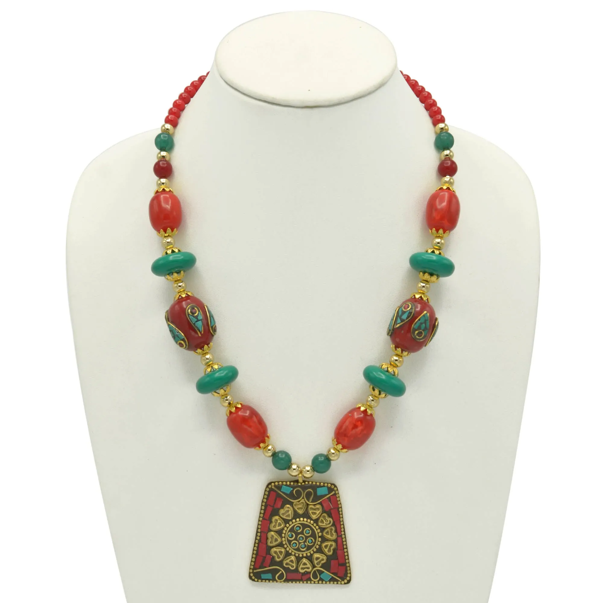 Coral and turquoise resin beads with gold pendant necklace #FWNK-2206-015