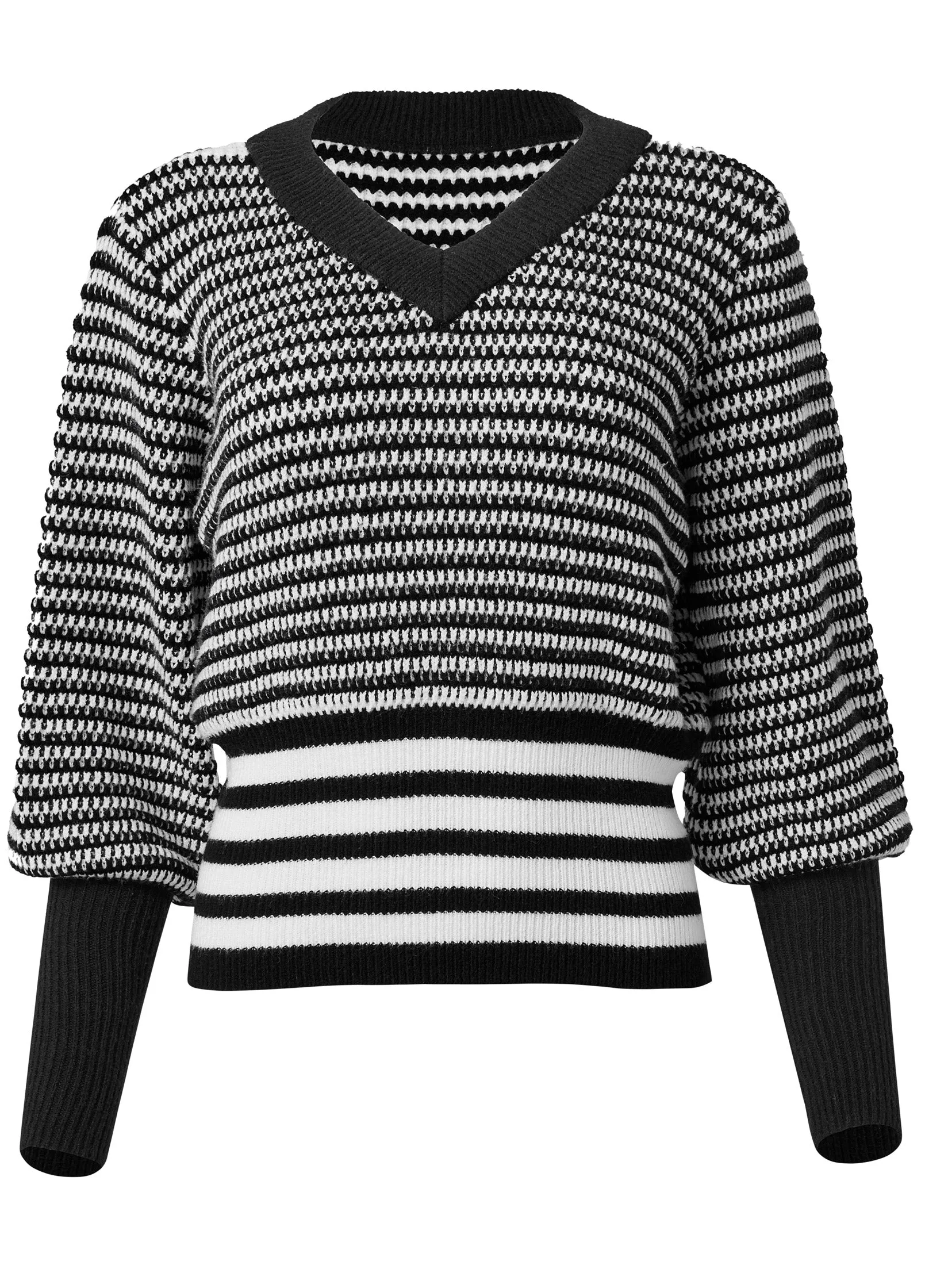 Cropped Stripe V-Neck Sweater  - Black & White