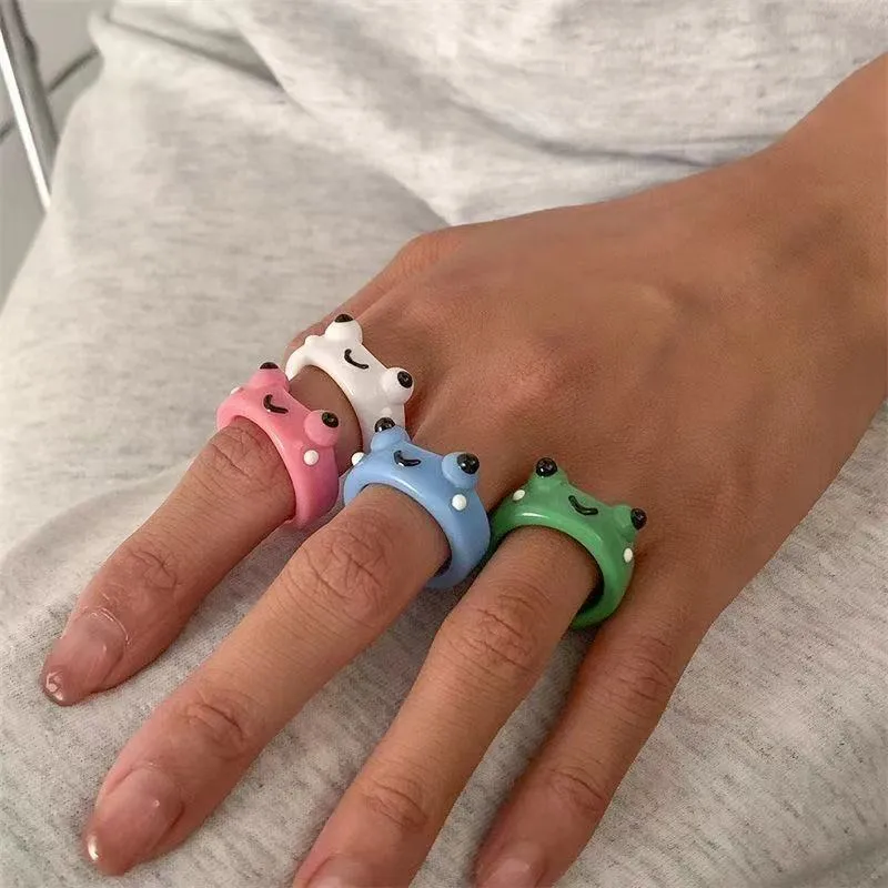 Cute Colorful Frog Rings for Women Girls Fashion Polymer Clay Resin Ring