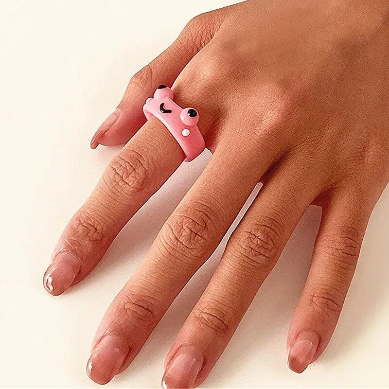 Cute Colorful Frog Rings for Women Girls Fashion Polymer Clay Resin Ring