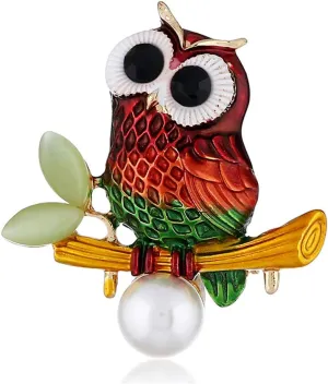 Cute Owl Brooches for Women Girls Fashion Antique Gold Tone Alloy Pearl Resin Cute Colourful Bird Animal Brooch Pins Scarves Shawl Clip Neck Bow Tie Necktie Dress Accessories Jewelry