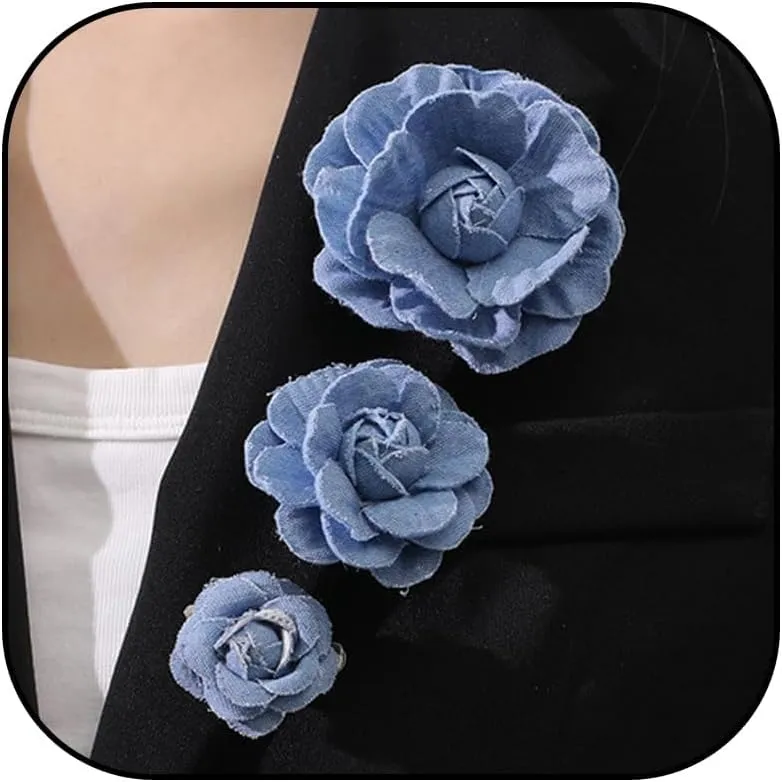 Dcfywl731 3Pcs Flower Brooch Pins Jewelry Brooches for Women Denim Light Blue Large Camellia Flower Brooches Lapel Pins for Wedding Party Promance Dance Dress Clothes Accessories Costume