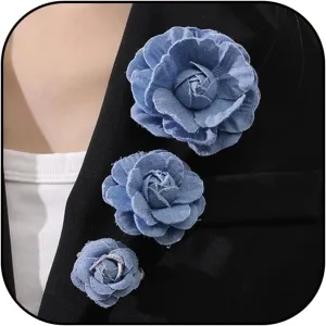Dcfywl731 3Pcs Flower Brooch Pins Jewelry Brooches for Women Denim Light Blue Large Camellia Flower Brooches Lapel Pins for Wedding Party Promance Dance Dress Clothes Accessories Costume