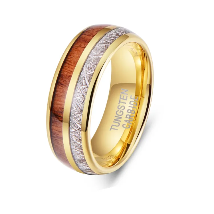 Domed Timeless Tungsten Carbide Ring with Meteorite and Oak Wood Inlay