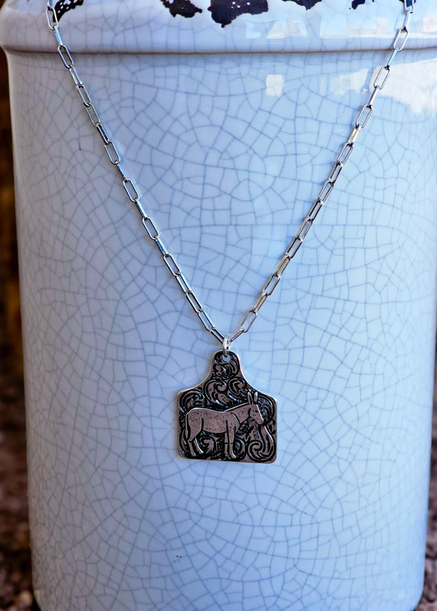 Donkey Etched Ear Tag Necklace