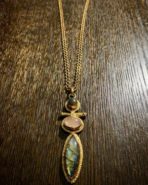 ELEGANT BRASS LABRADORITE  ROSE QUARTZ NECKLACE