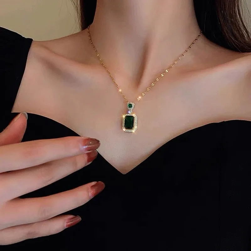 Elegant Vintage Green Geometry Rectangle Zircon Crystal Pendant
