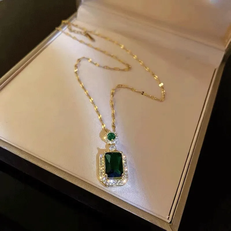 Elegant Vintage Green Geometry Rectangle Zircon Crystal Pendant