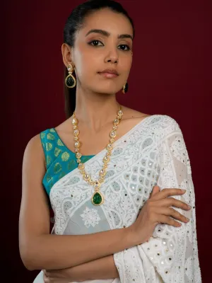 Emerald Fine Tear Drop Kundan Long Necklace Set (Necklace & Earrings Set)