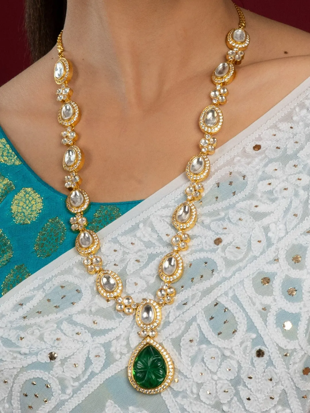 Emerald Fine Tear Drop Kundan Long Necklace Set (Necklace & Earrings Set)