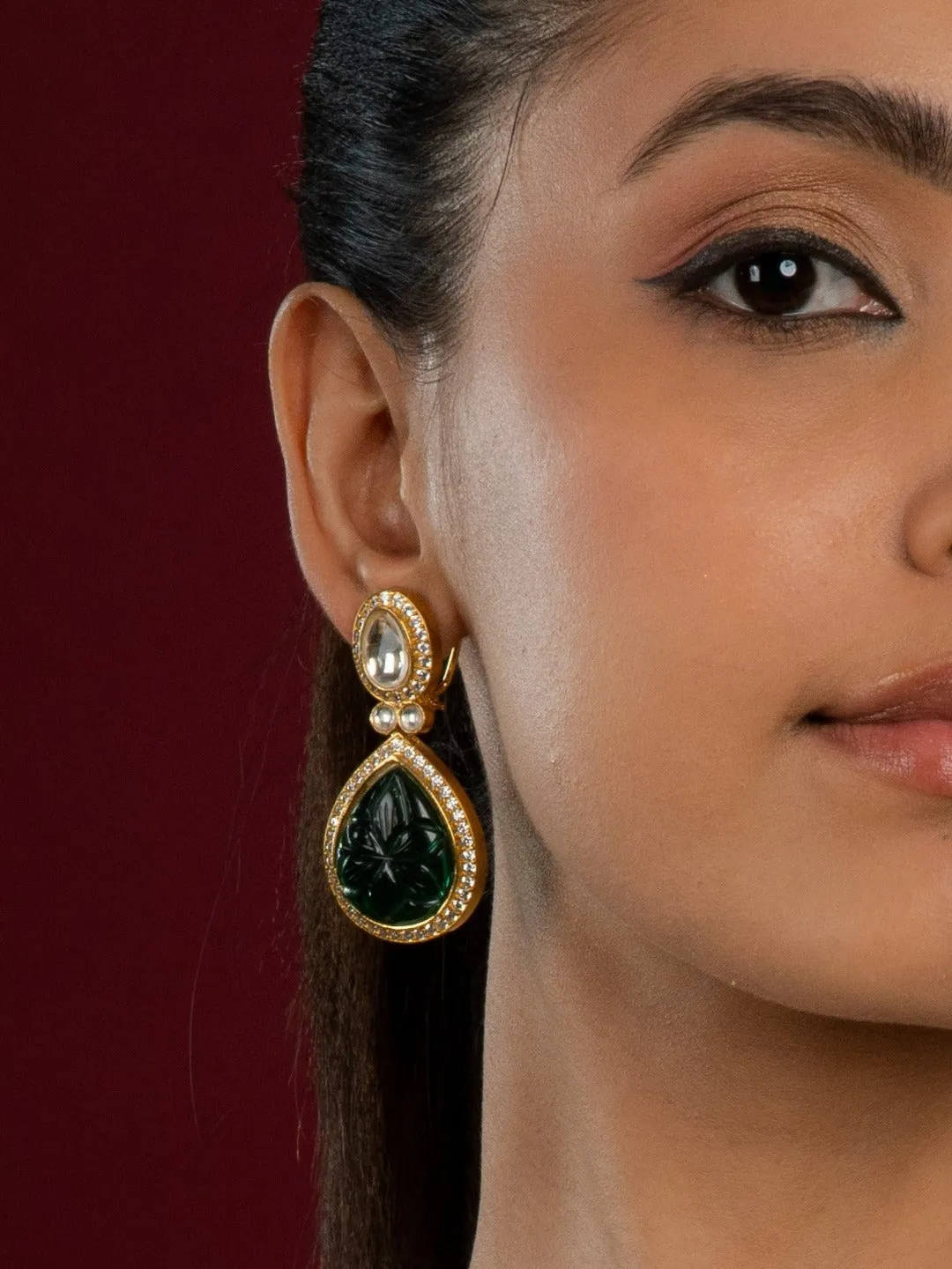 Emerald Fine Tear Drop Kundan Long Necklace Set (Necklace & Earrings Set)
