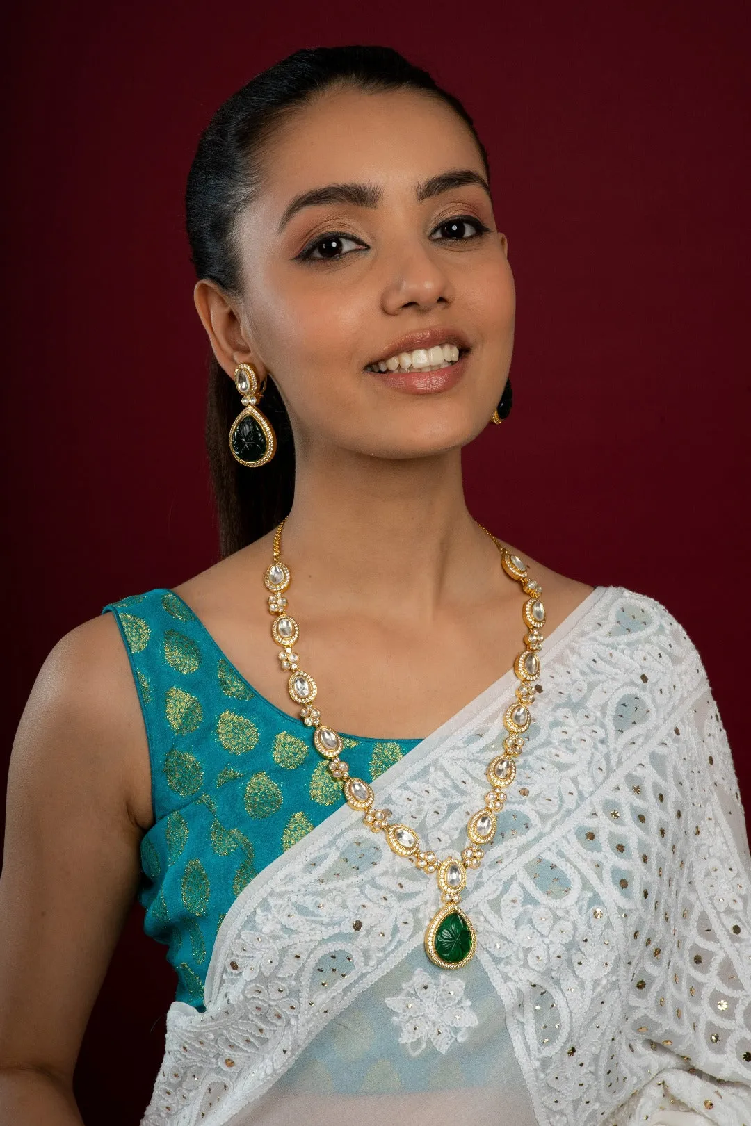 Emerald Fine Tear Drop Kundan Long Necklace Set (Necklace & Earrings Set)