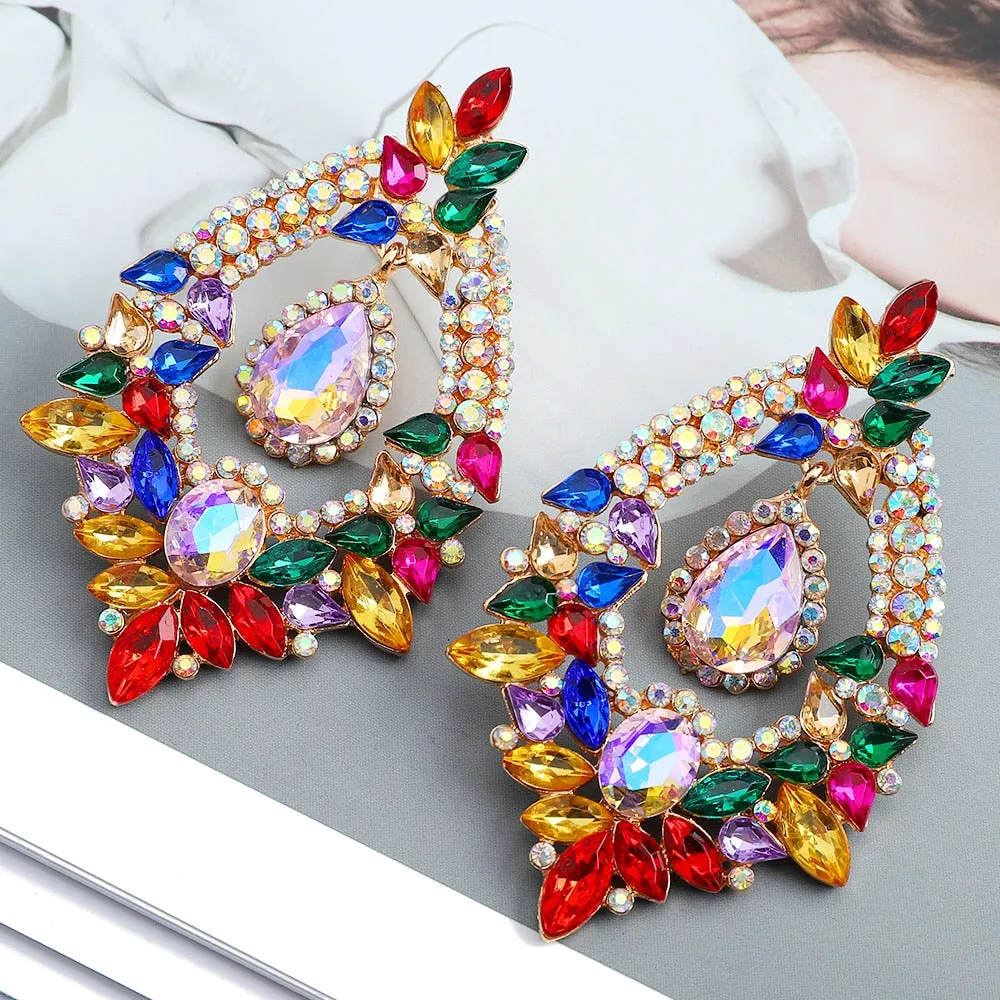 Fashion Classic Geometric Colorful Crystal Big Dangle Earrings For Women